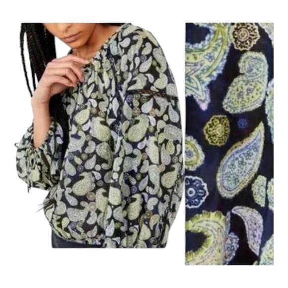 FREE PEOPLE Women SZ L Off-Shoulder Boho Paisley Print Bodysuit Top Long Sleeves - Picture 10 of 14